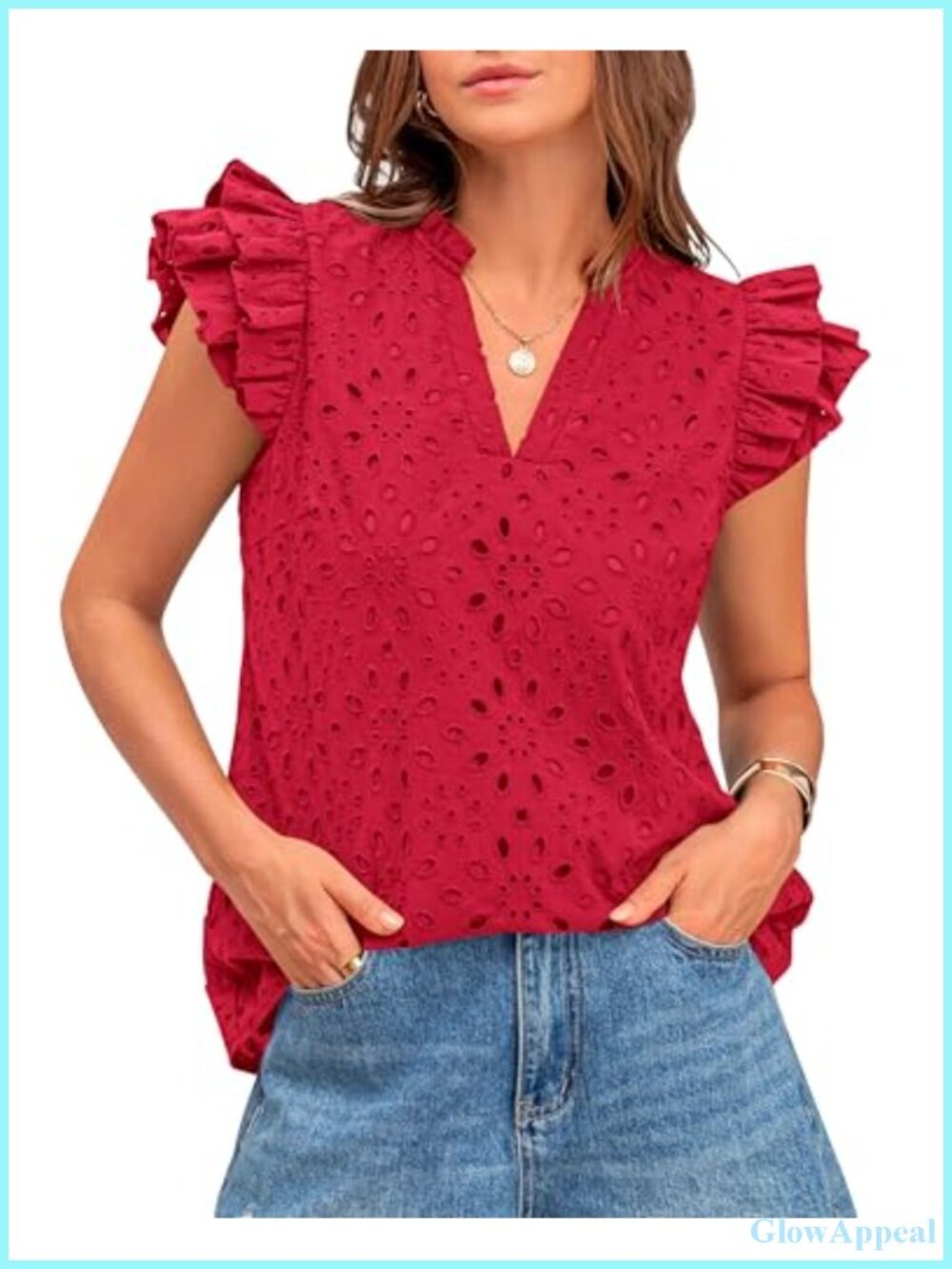 Women's Eyelet Embroidered Tunic Blouse V-Neck Cap Sleeve Cotton Dressy Casual